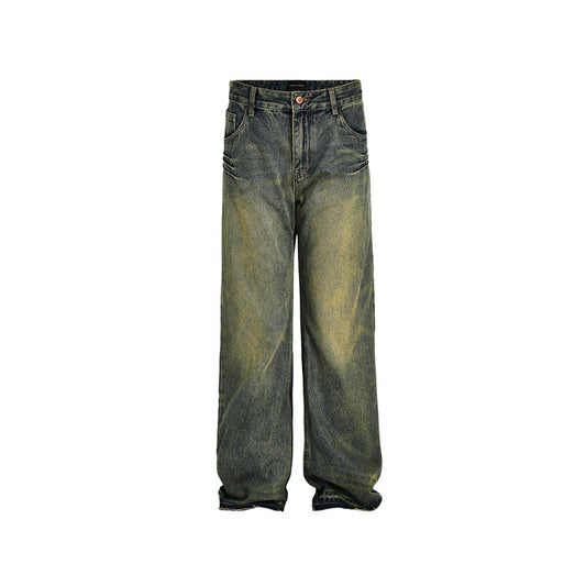 Washed Distressed Wide-Leg Long Jeans with Cuffed Hem