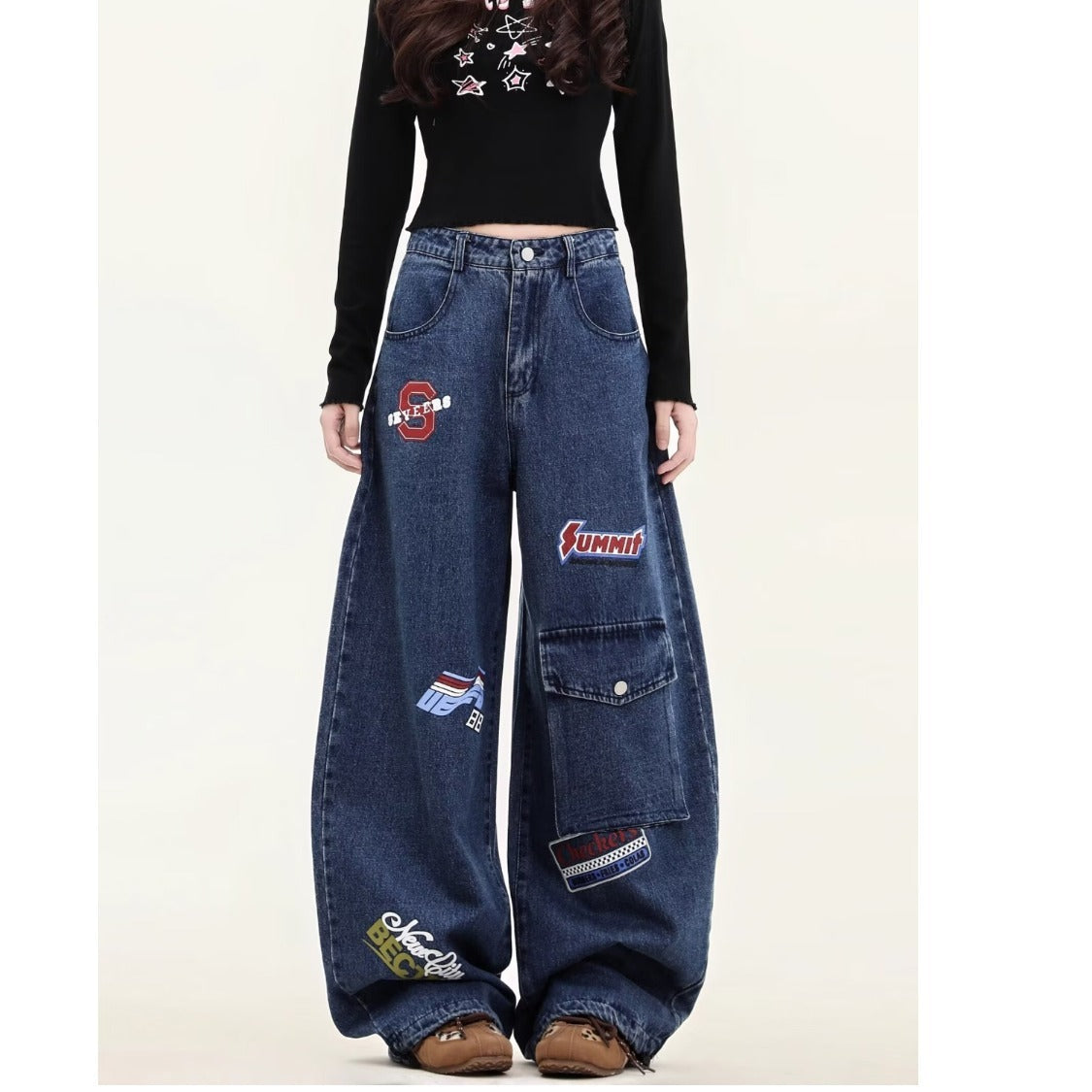 Design Sense Embroidery Patch Denim Pants - Unisex Loose Fit Multi-Pocket Trousers