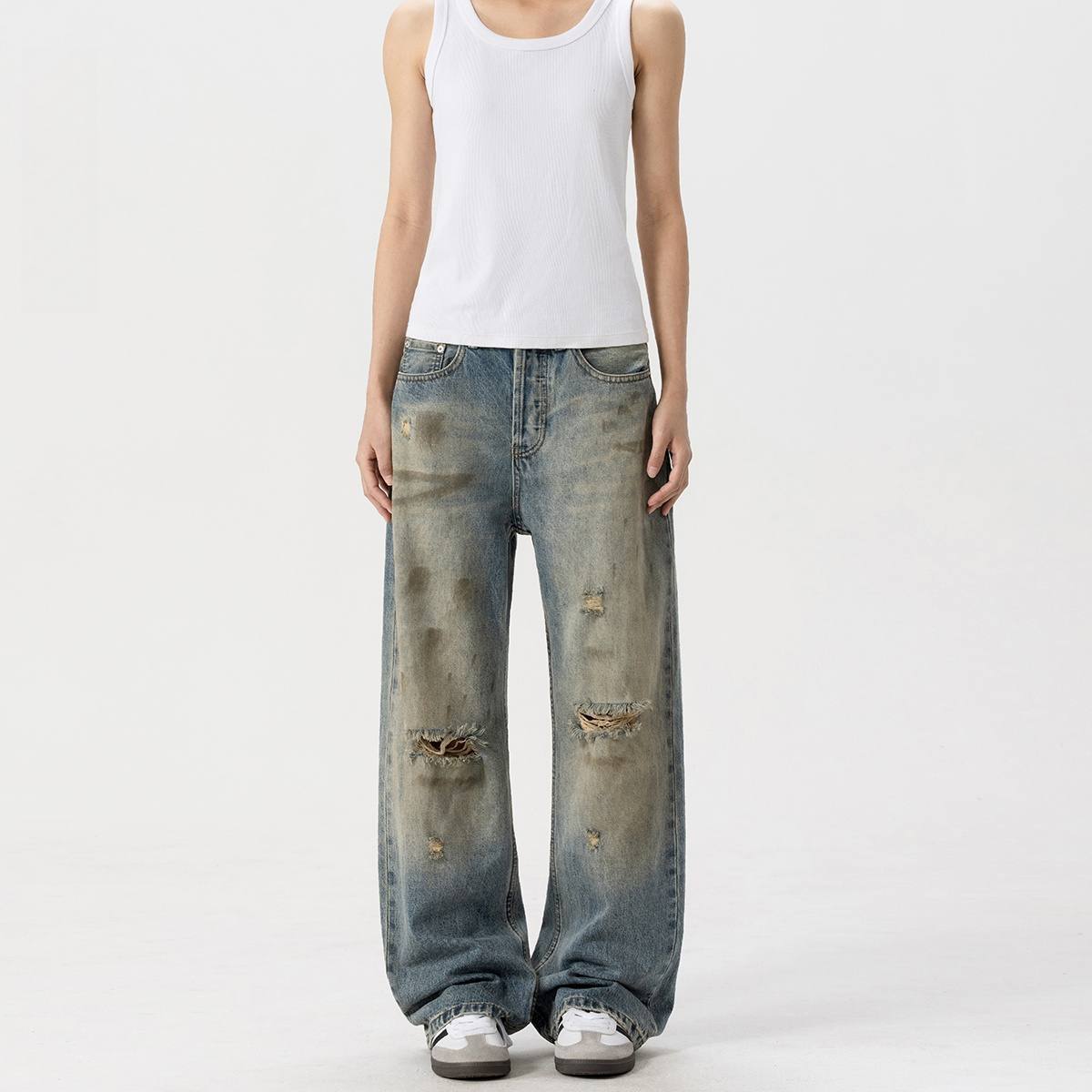 Ripped Denim Dirty Dyed Vintage Distressed Pants
