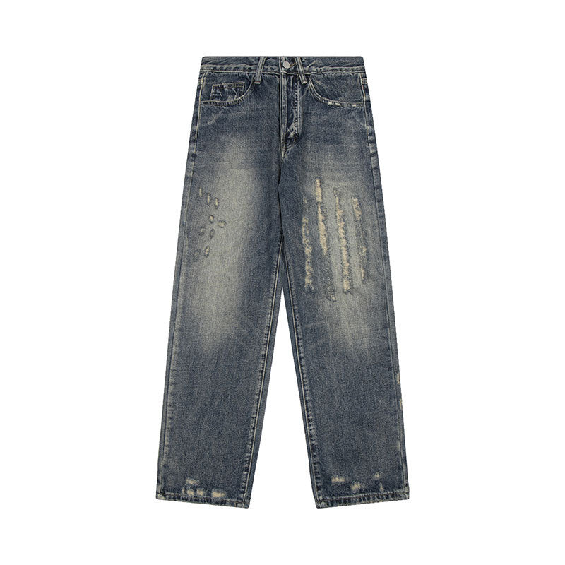Loose Distressed Scratched Straight Leg Jeans - Premium Japanese Denim