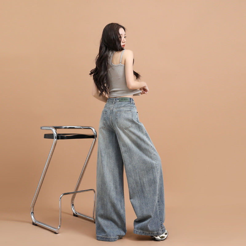 Bamboo Knot Pattern Loose Wide Leg Denim Pants for Women – Retro Straight Trousers