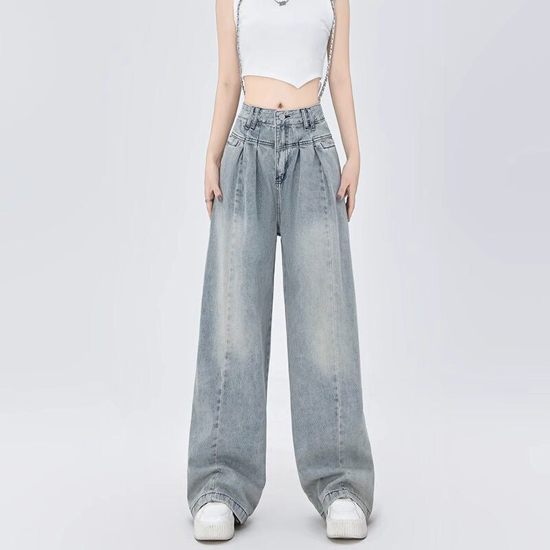 Neutral Trendy Straight Wide-Leg Jeans for Women - Spring Loose Slimming Floor-Length Denim Pants