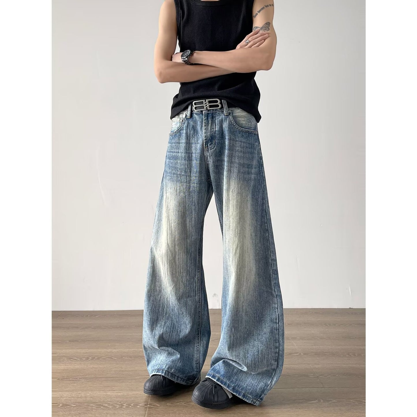 Bamboo Patterned Curved Knife Jeans - Loose Retro Washed Silhouette