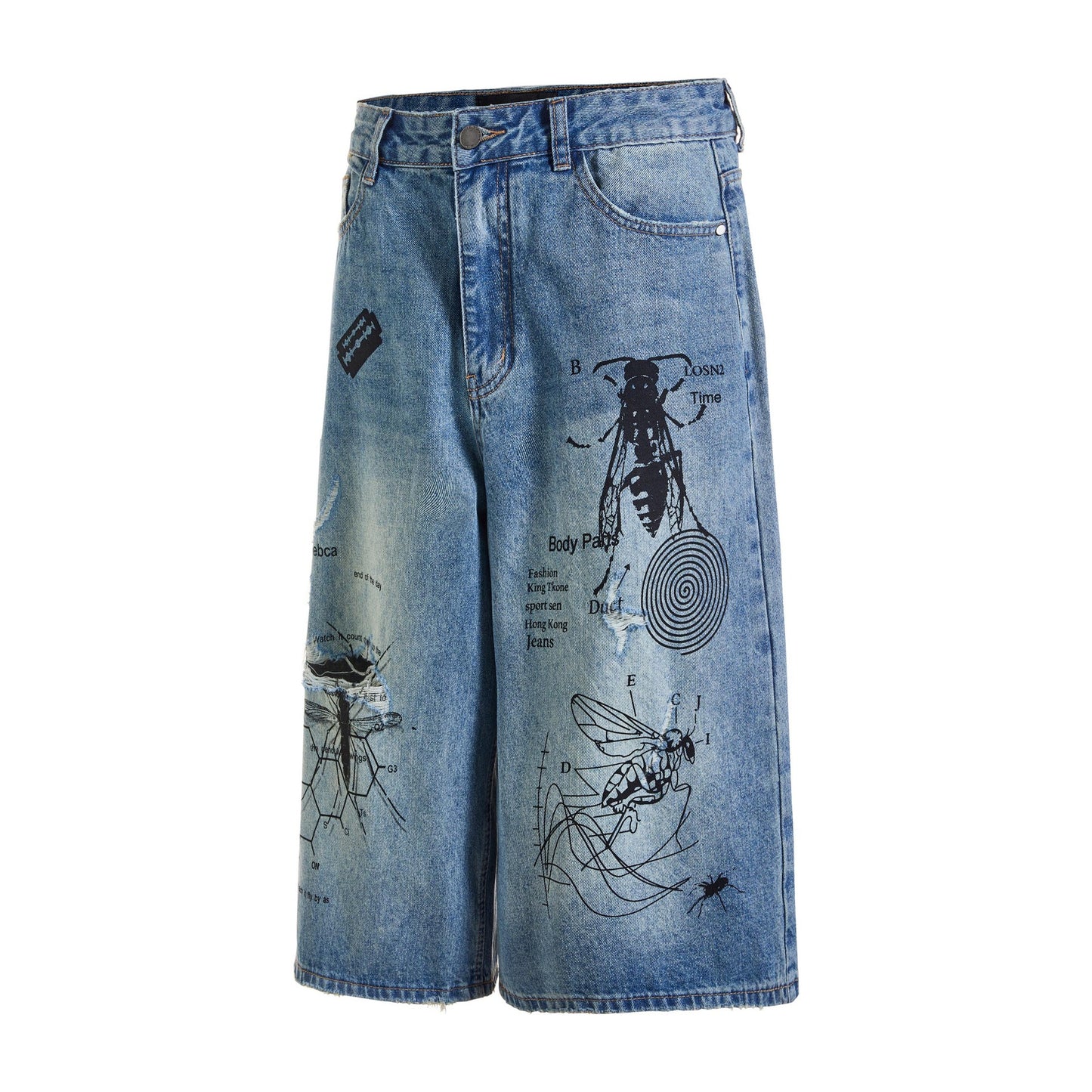 Street Graffiti Print Destroyed Hole Seven-Quarter Denim Shorts for Men