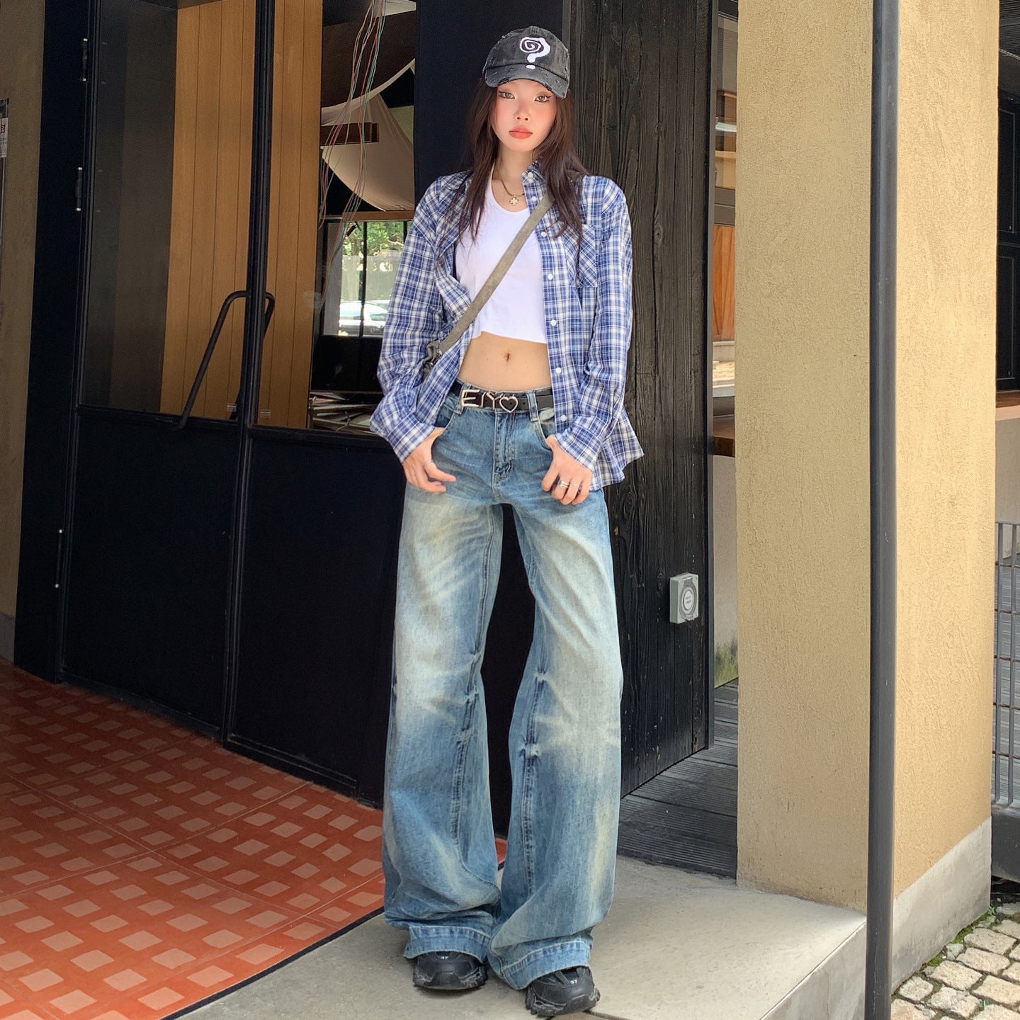 Retro Washed Denim Pants for Women - Loose Fit High Waist Anti-Wrinkle Slim Wide Leg Long Pants