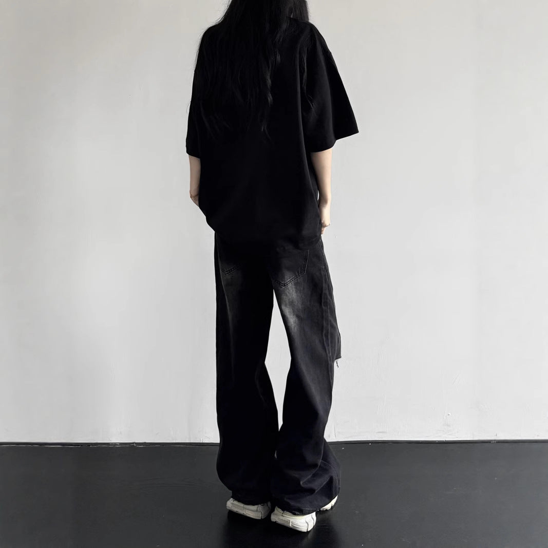 Street Water Washed Vintage Knife-Cut Distressed Denim Pants - Unisex Loose Straight Wide-Leg Long Trousers