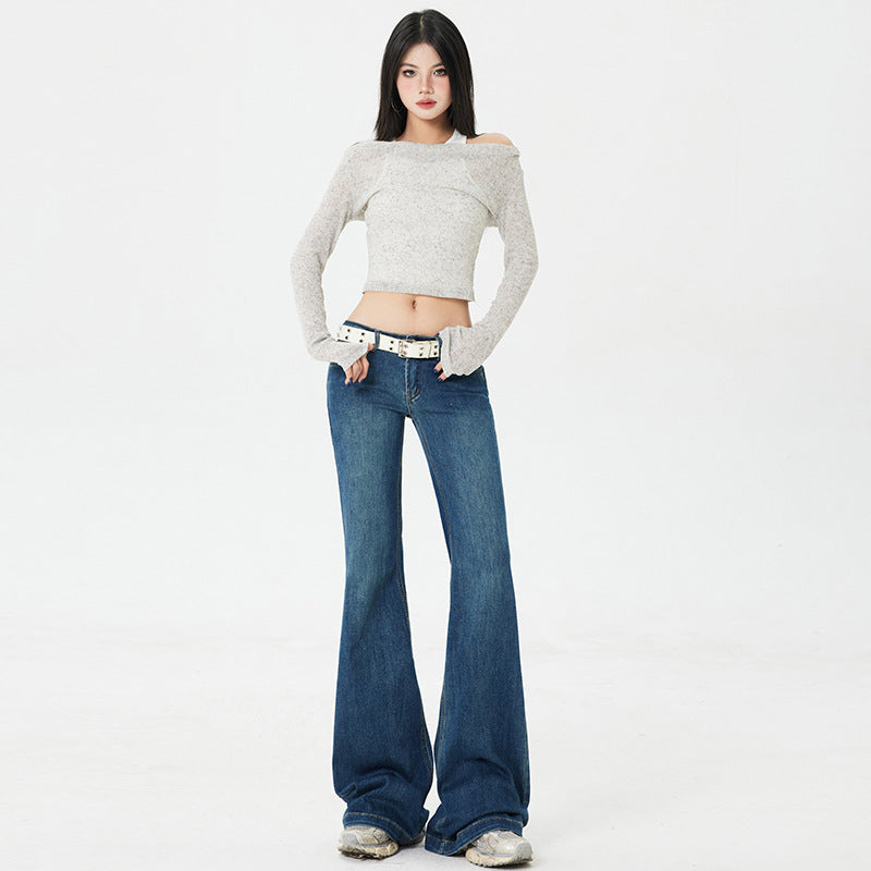 Retro Spicy Girl Flared Jeans - Women Low Waist Slim Fit Elasticity Leggings