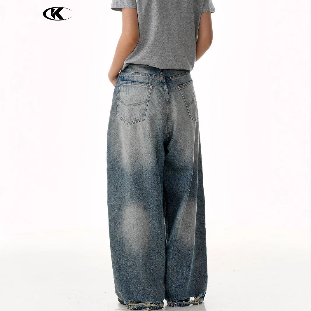 Knife-Cut Destruction Loose Fit Casual Jeans for Men and Women