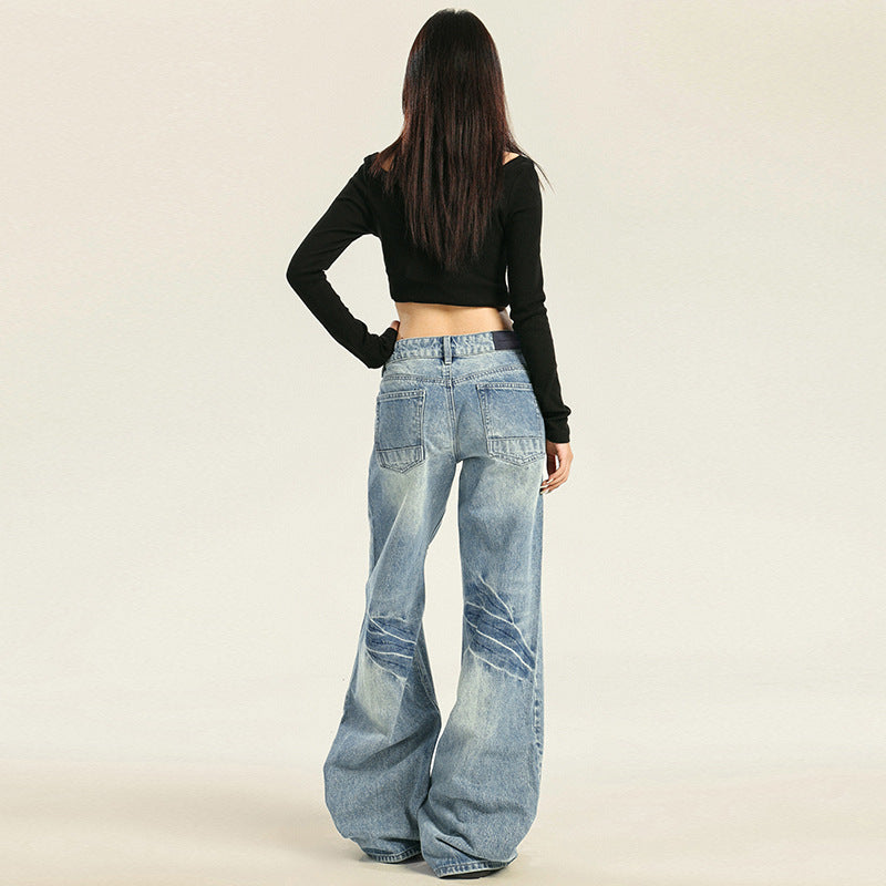 Women's Pleated Wide-Leg Jeans - Low-Waist Straight Leg Slimming Pants
