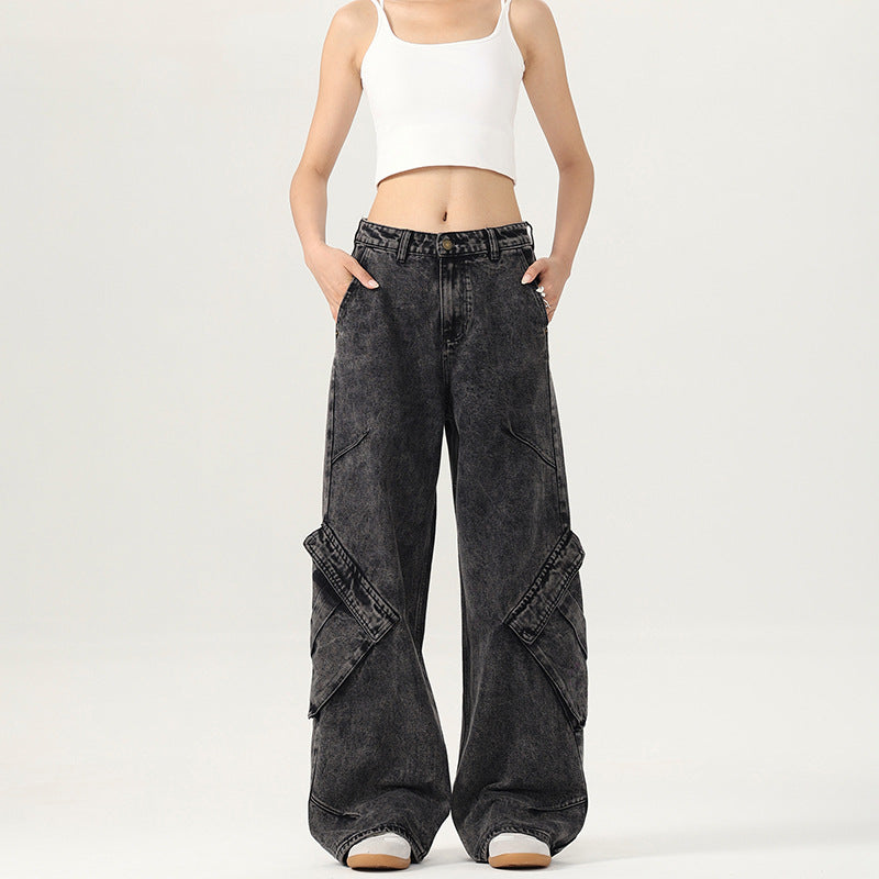 Women's Black and Gray Washed Denim Pants - Irregular Wide-Leg Trousers