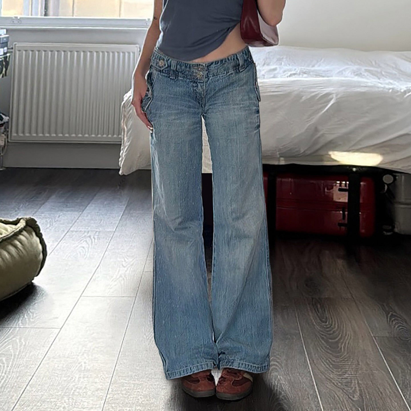 Washed Retro Blue Denim Wide Leg Slim Fit Low Waist Pants