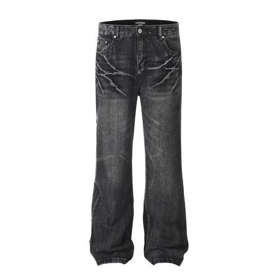 High Street Lightning Crack Washed Denim Trousers - Faded Cat Whiskers Loose Flared Jeans