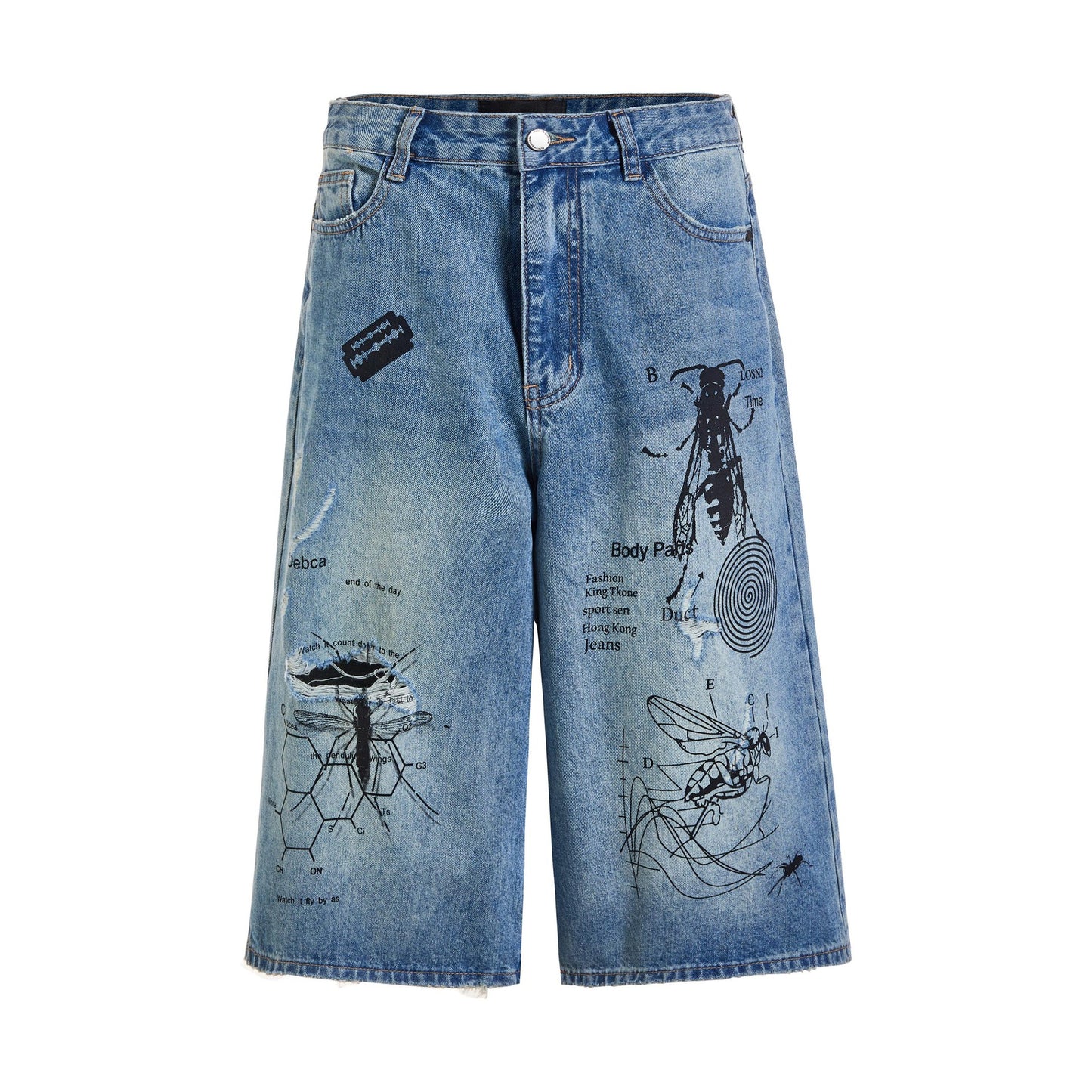 Street Graffiti Print Destroyed Hole Seven-Quarter Denim Shorts for Men