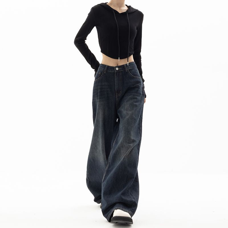 Retro Street Style Wide-Leg Pants - Unique Blue High-Waist Denim Trousers for Women