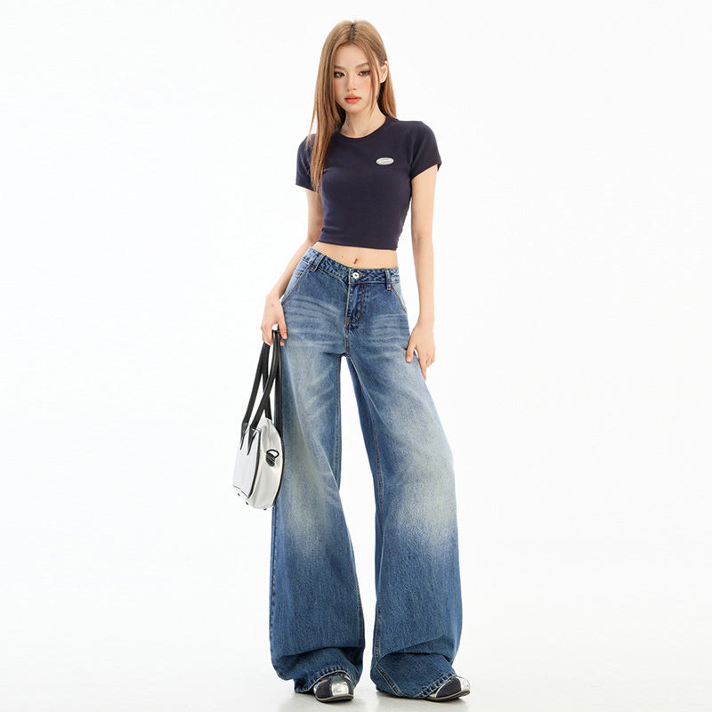 Retro Distressed Floor-Length Wide-Leg Jeans for Women