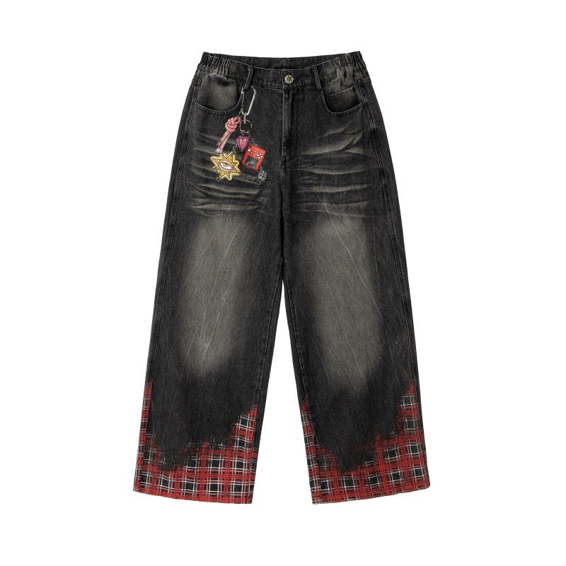 Hanging Chain Plaid Printed Loose Washed Wide Leg Denim Pants