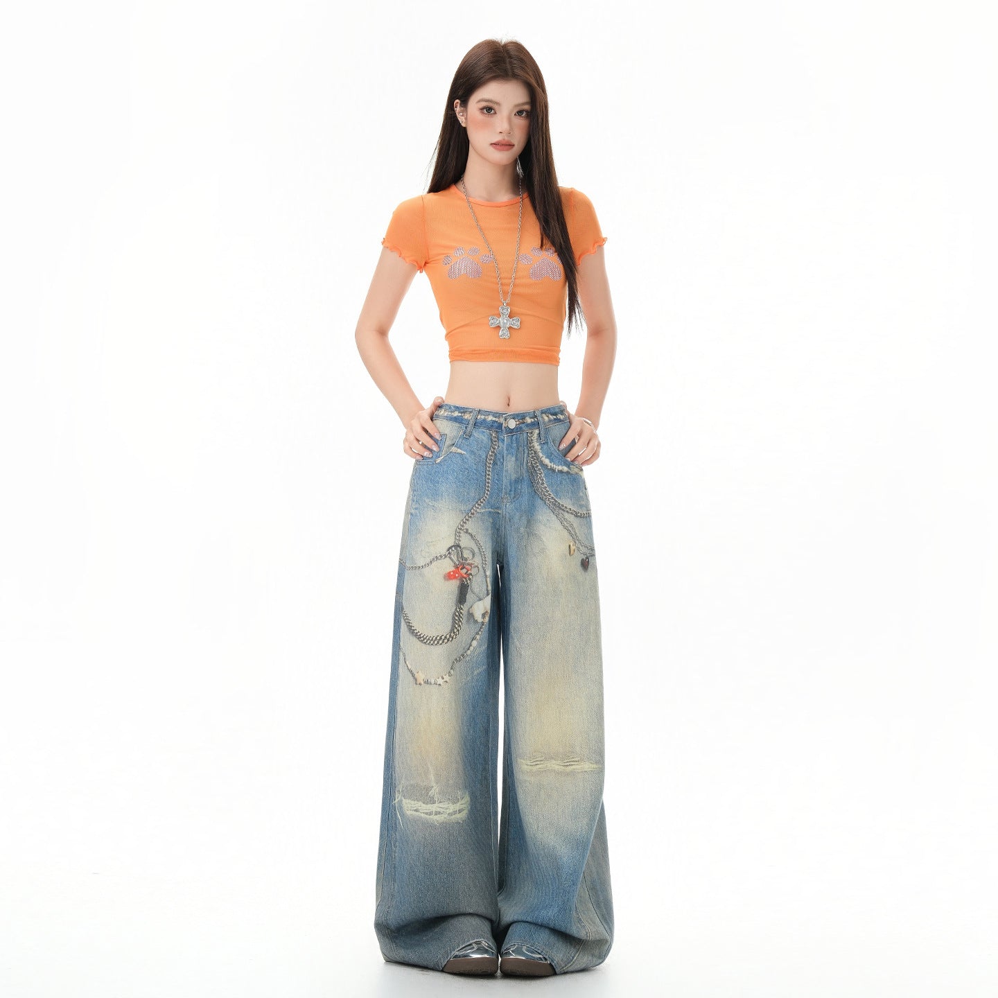 Women's Chain Print Denim Pants - Casual Hip-hop Style Loose Wide Leg Tapered Fit