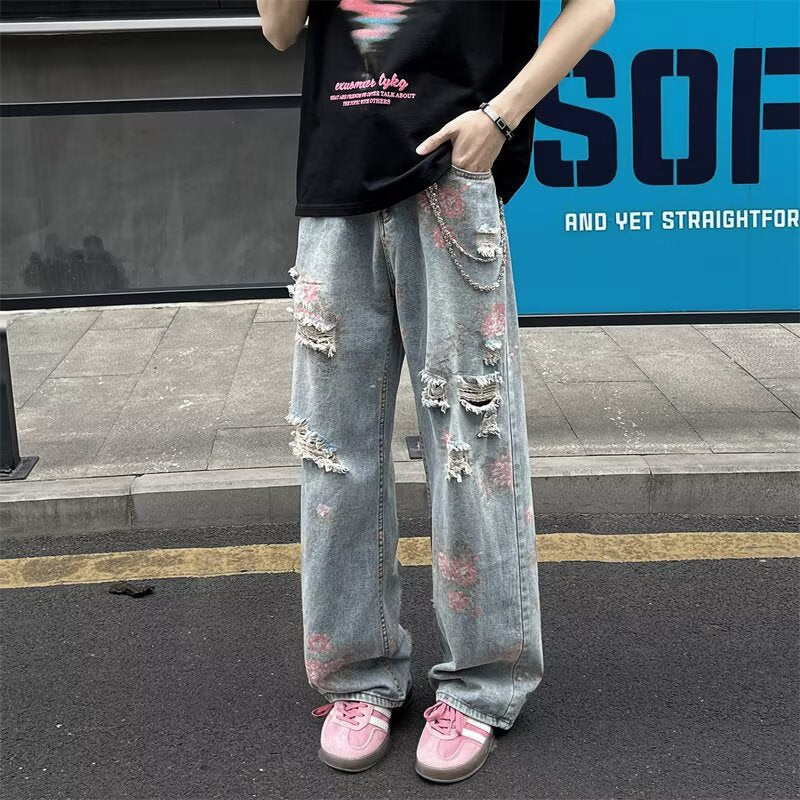 Flower Hole Cowboy Rose Full Print Straight Pants