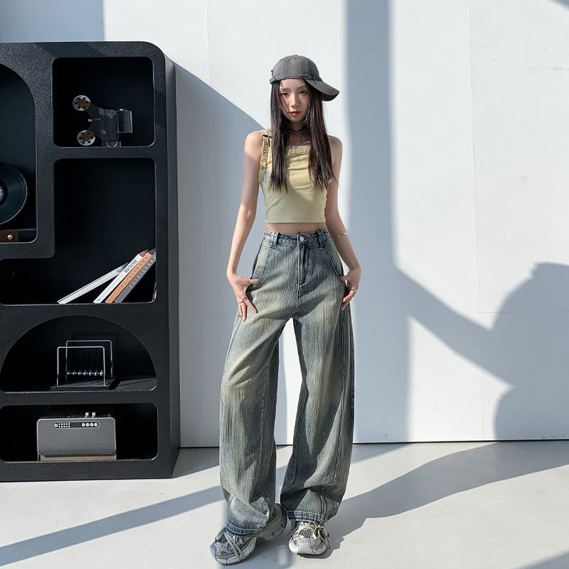 Retro Washed Slub Deconstructed Tapered Denim Pants for Women