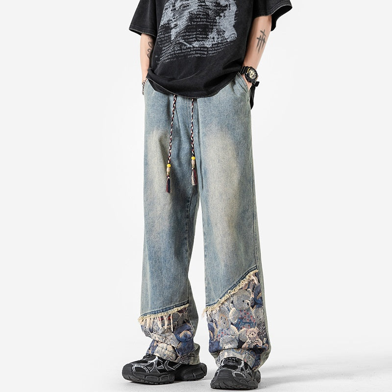 Bear Spliced Denim Pants - Men's Rugged Workwear Straight Leg Trousers
