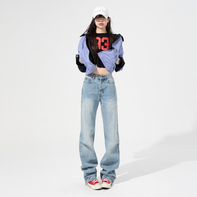 Women's Light Blue Slim High Waist Loose Wide Leg Floor-Length Pants