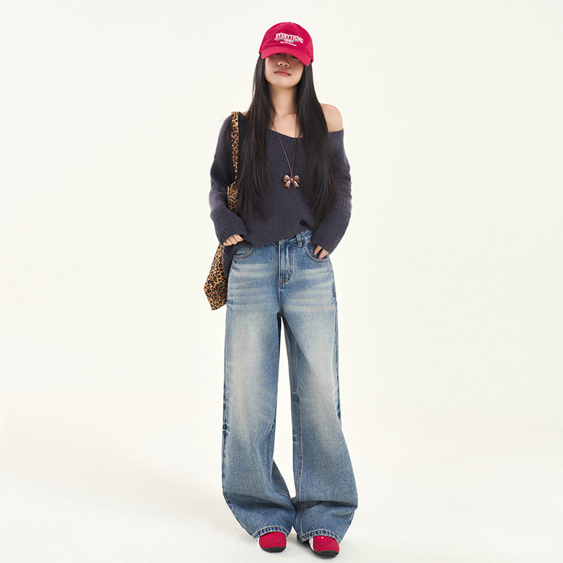Women's Vintage Blue High Waist Wide-Leg Denim Pants
