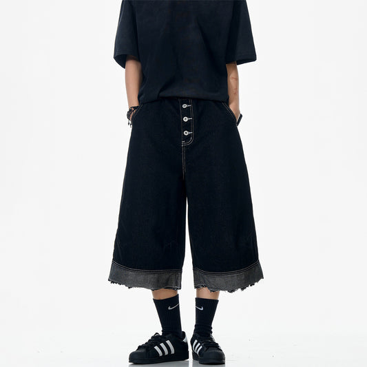 Splicing Silhouette Loose Wide Leg Curved Knife Shorts - Black