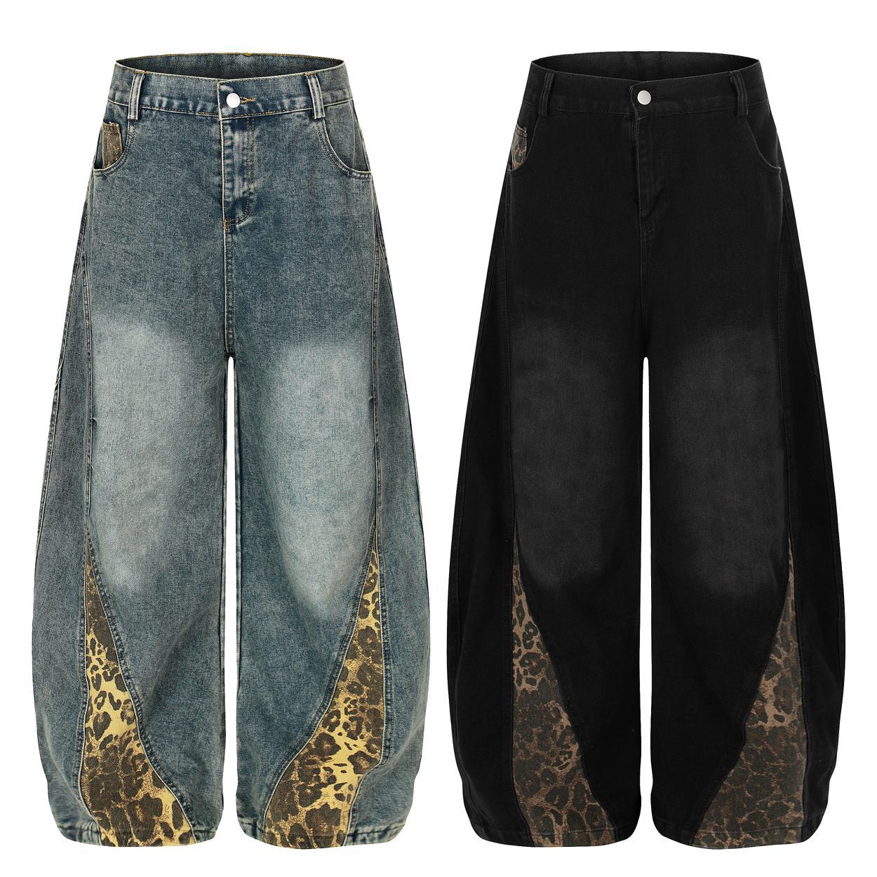 Retro Leopard Print Patchwork Hanging Wide Leg Jeans