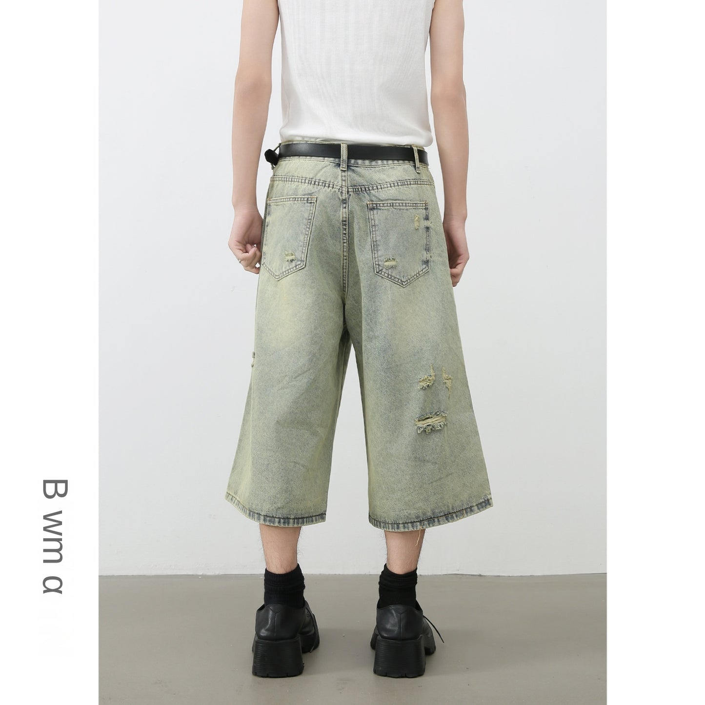 Retro Distressed Denim Shorts for Men | Loose Fit Straight Leg Capri Pants