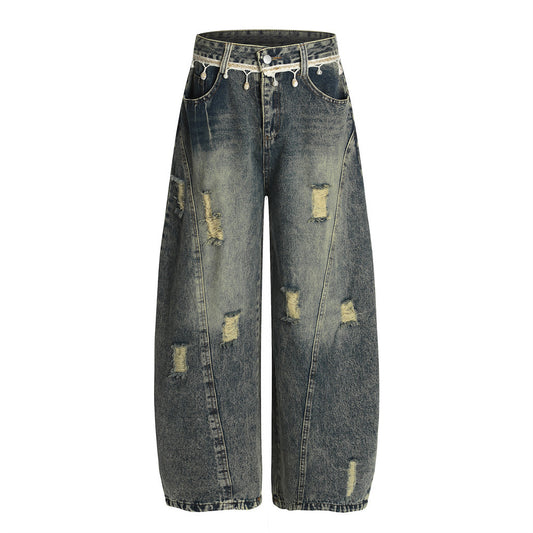 Punk Retro Washed Distressed Denim Wide-Leg Pants - Men's Trendy Loose Fit Flared Trousers