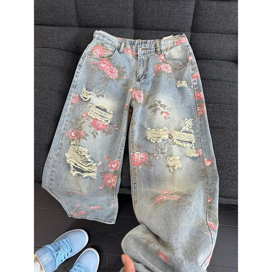 Floral Ripped Denim Full Print Casual Pants
