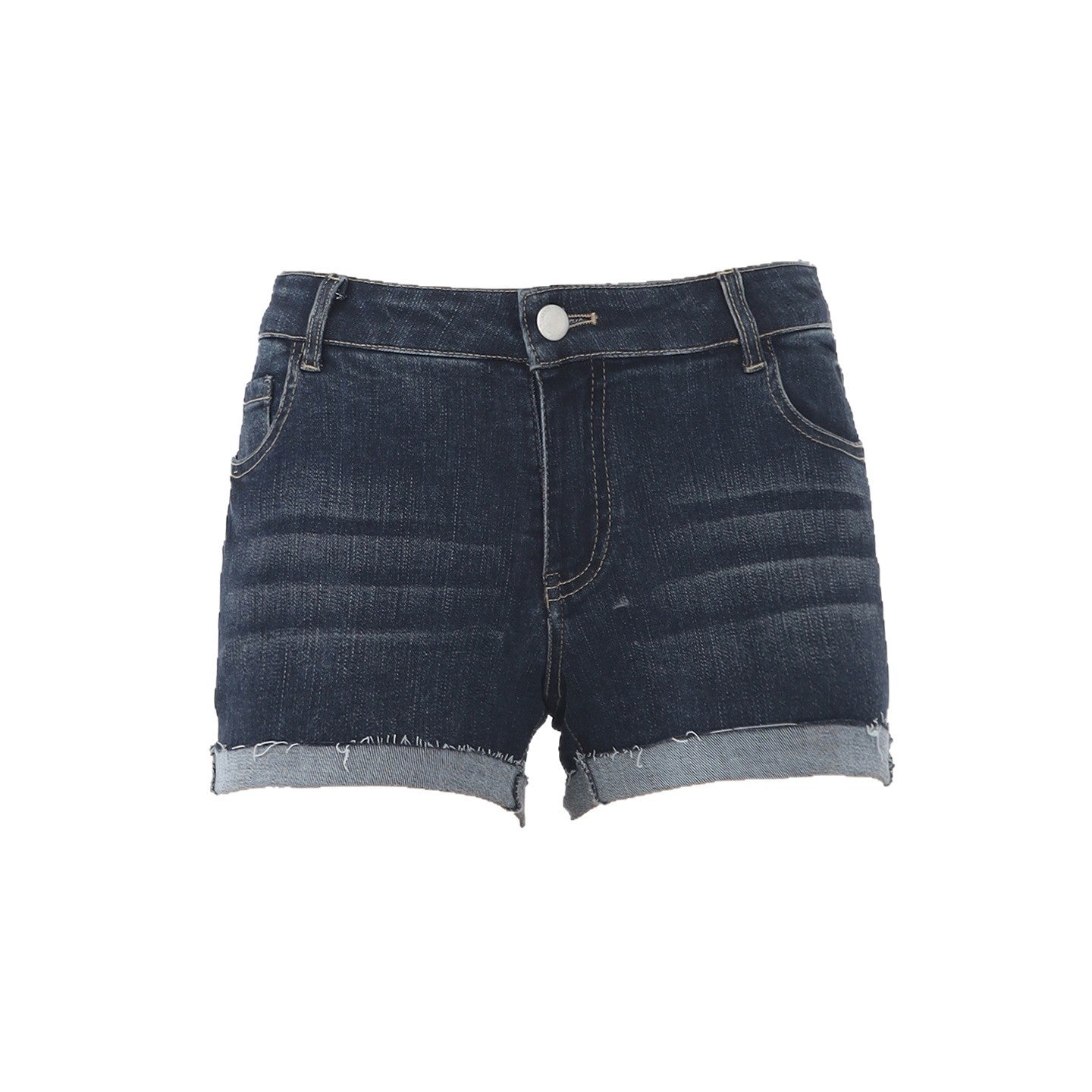 Dark Blue Cuffed Denim Shorts for Women - Elastic High Waist Washed Versatile Hot Pants