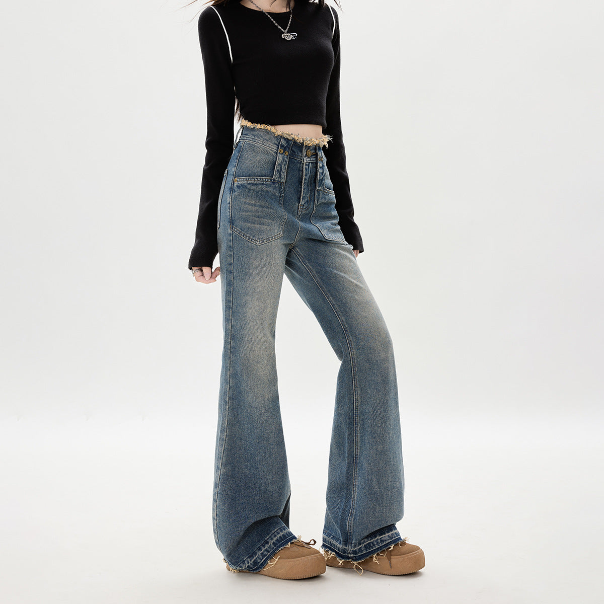 Retro Flared Denim Pants for Women - High Waist Slim Frayed Hem