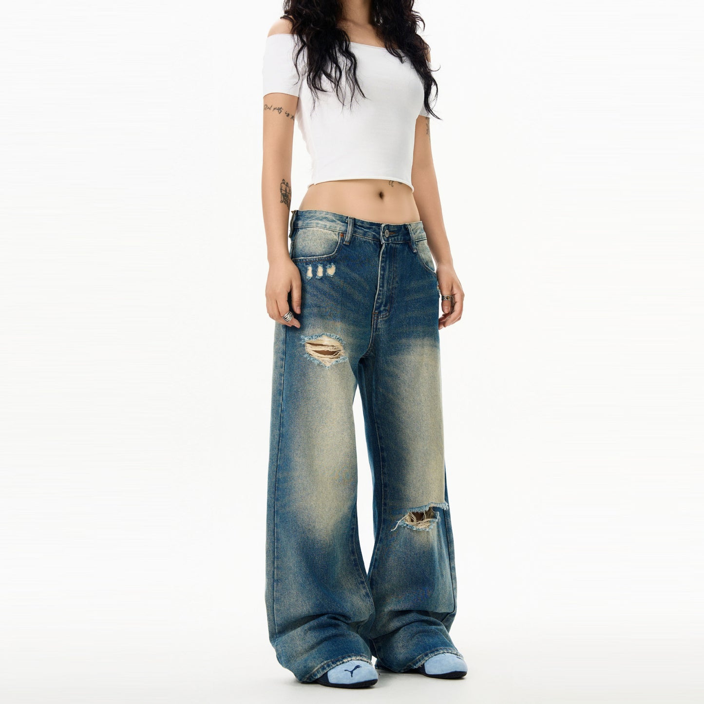 Washed Retro Blue Denim Loose Casual Straight Leg Pants