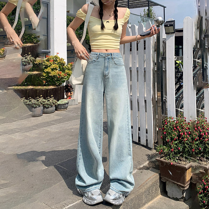 Women's Light Blue High Waist Wide-Leg Jeans – Versatile Summer Pants