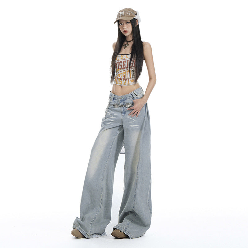 Women's Washed High Waist Wide Leg Jeans Slim Draping Floor-Length Pants