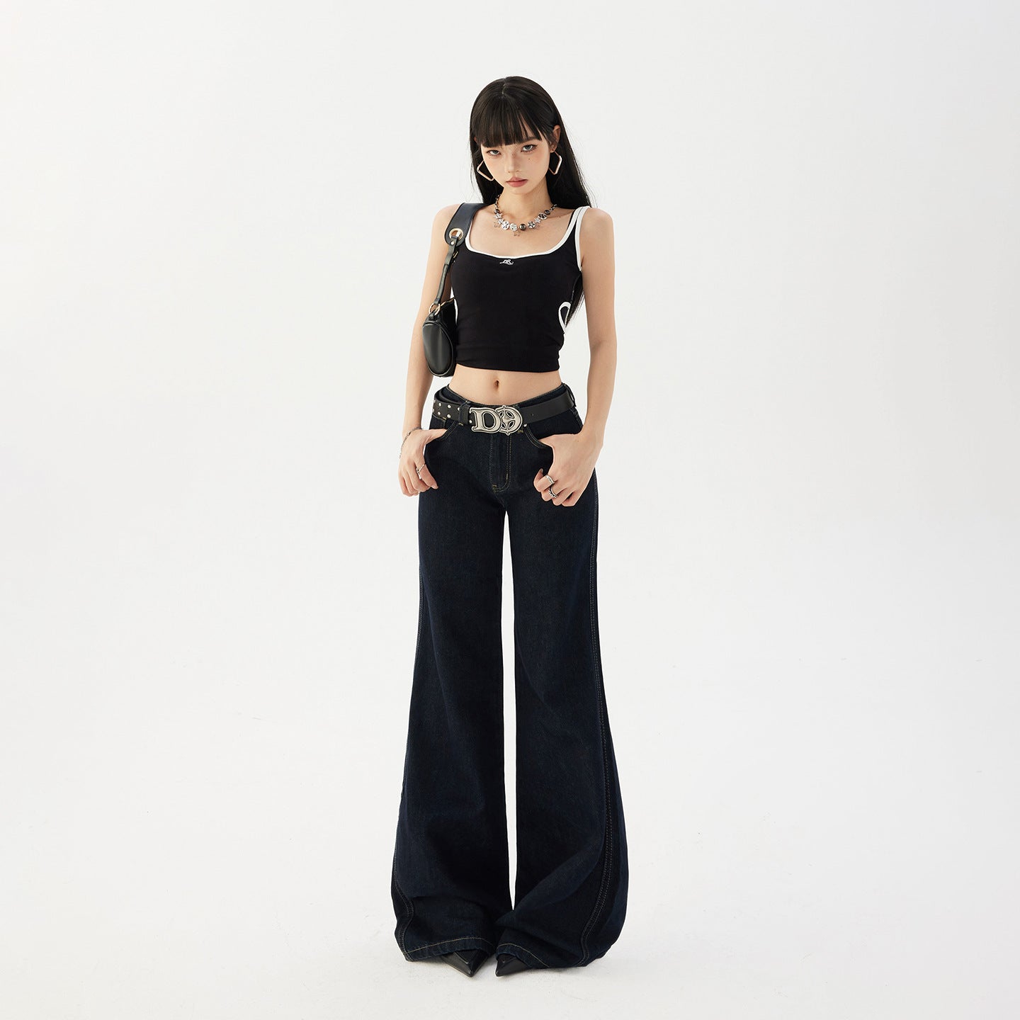 Women's Flared Denim Pants - Deep Blue Slimming Drape Casual Hoof Bell-Bottom Trousers