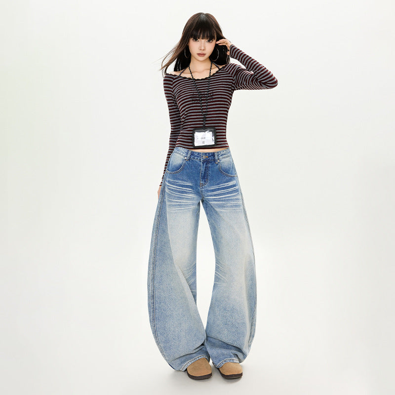 Washed Cat Whisker Design Low Waist Denim Pants for Women – Loose Slim Fit Wide Leg Trousers