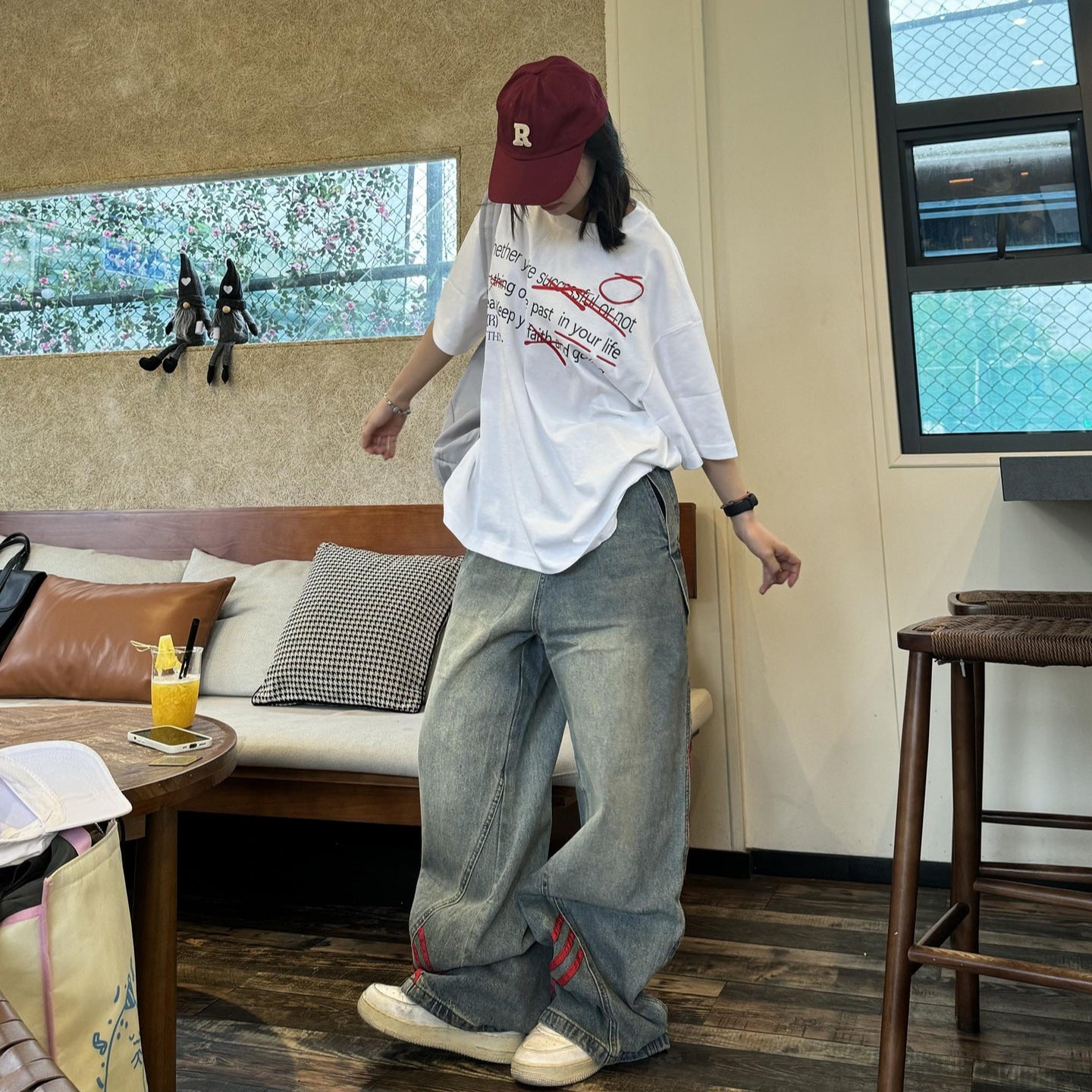 Vintage Denim Straight Leg Wide Leg Pants with Side Stripes