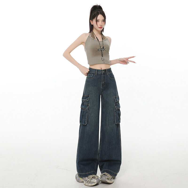 Street Retro Wide-Leg Jeans for Women - High-Waist Loose Straight Leg with Multi-Pocket Design
