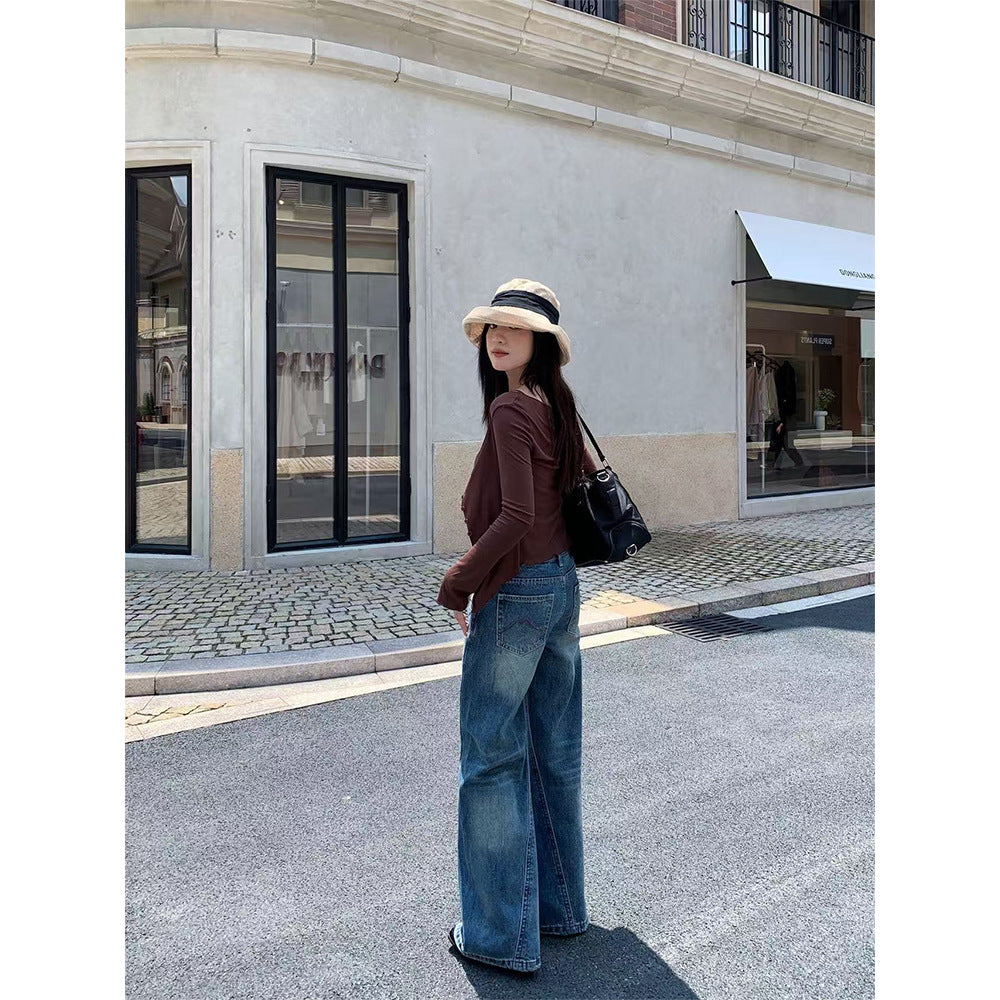 Double Waist Design Jeans Women's Flared Long Pants with Grab Pattern