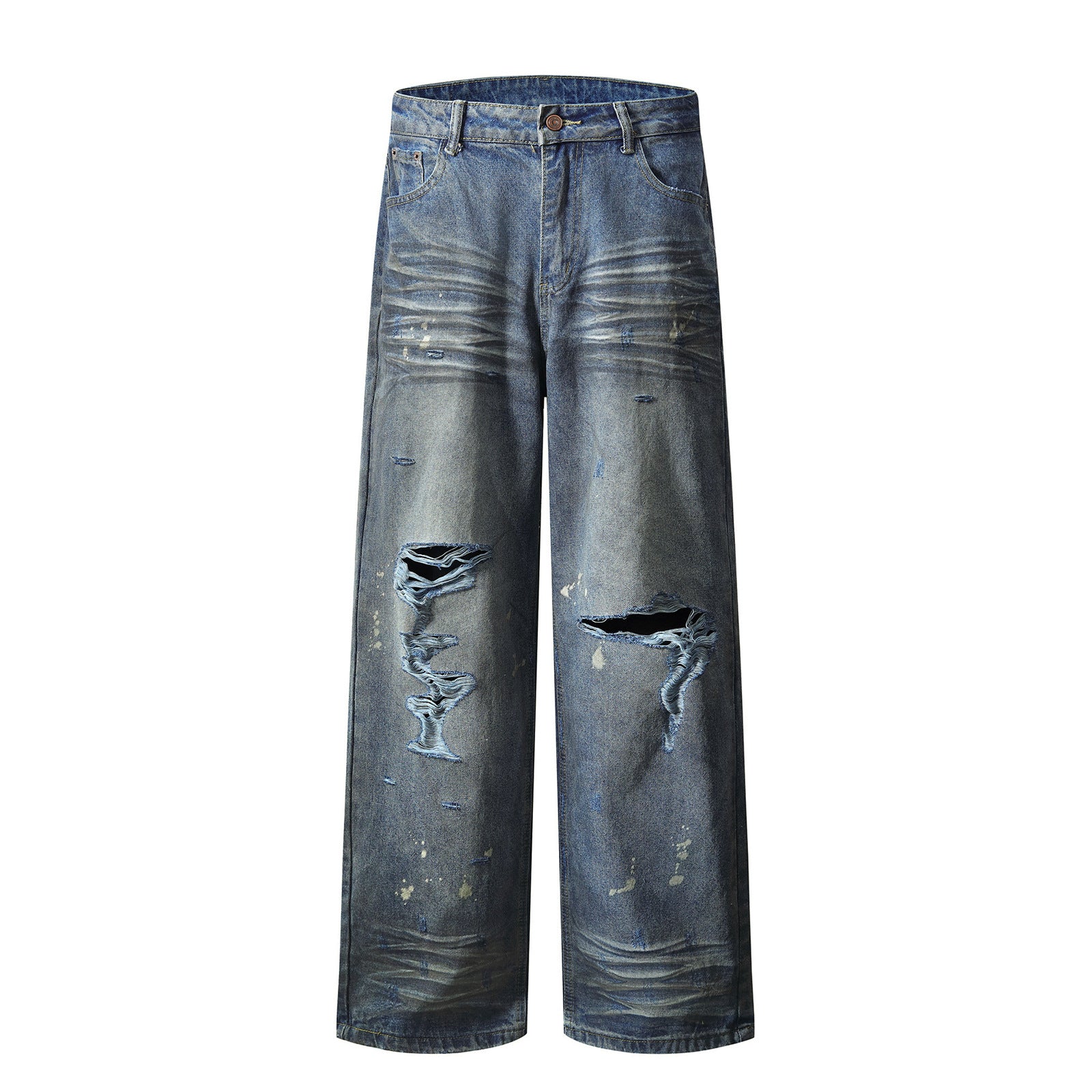 Washed Distressed Splatter Ink Denim Pants - Long Straight Leg Trousers
