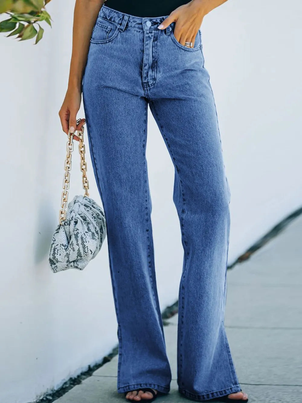 Washed Split Waist Denim Pants - Mid Rise Casual Style