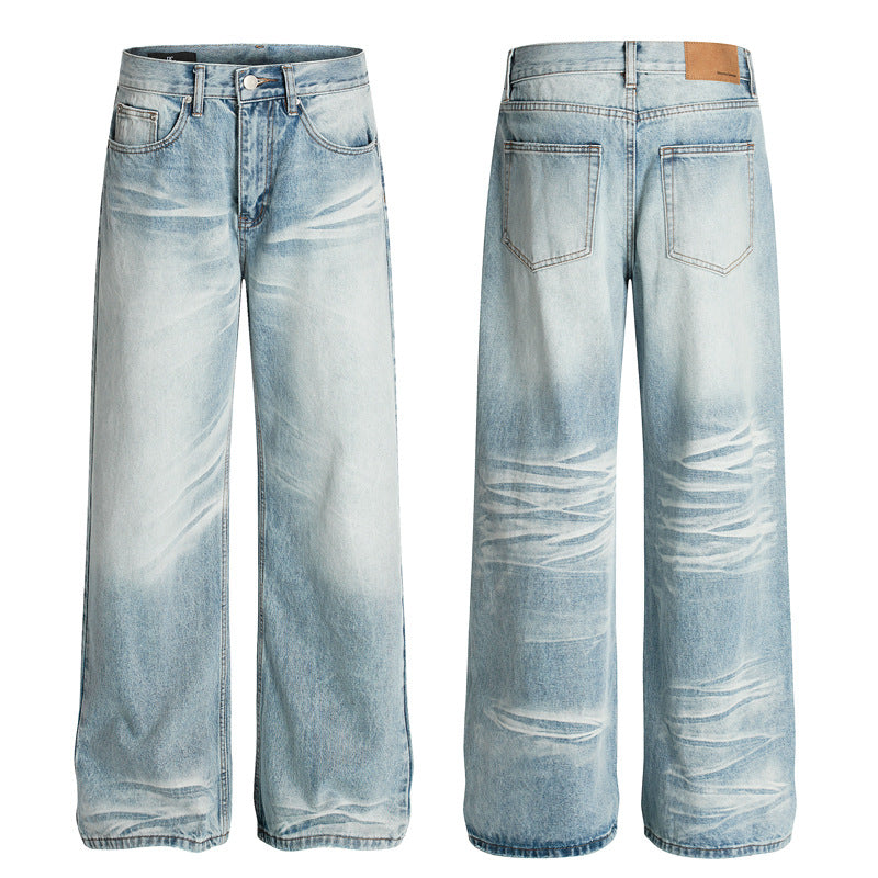 Distressed Washed Straight Leg Denim Jeans for Men