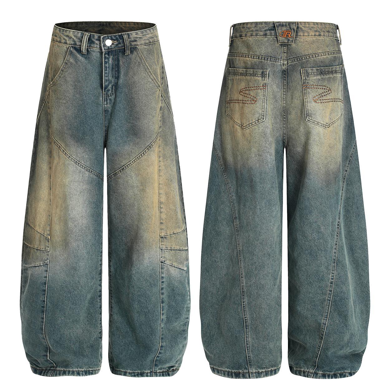 Vintage Curved Jeans with Retro Deconstruction Design