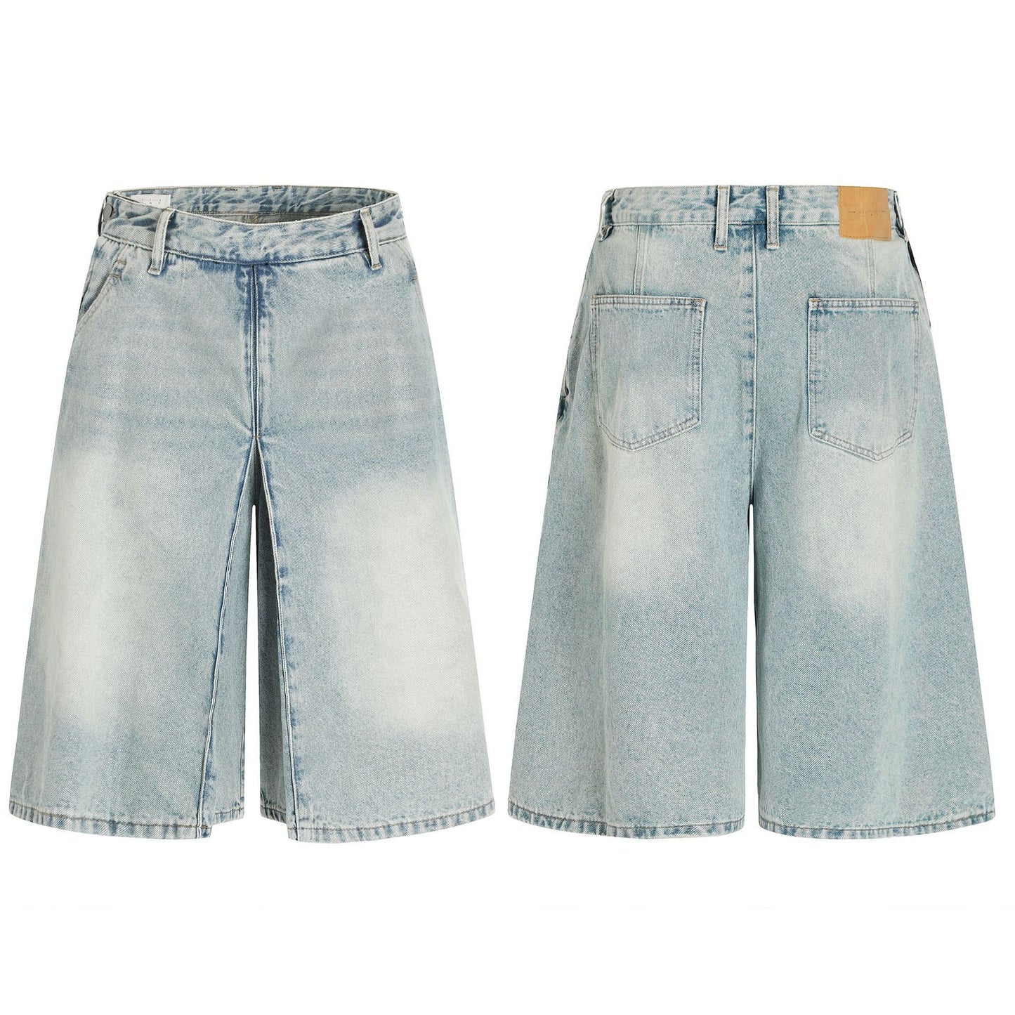 Washed Blue A-Line Straight Loose Denim Shorts for Men and Women