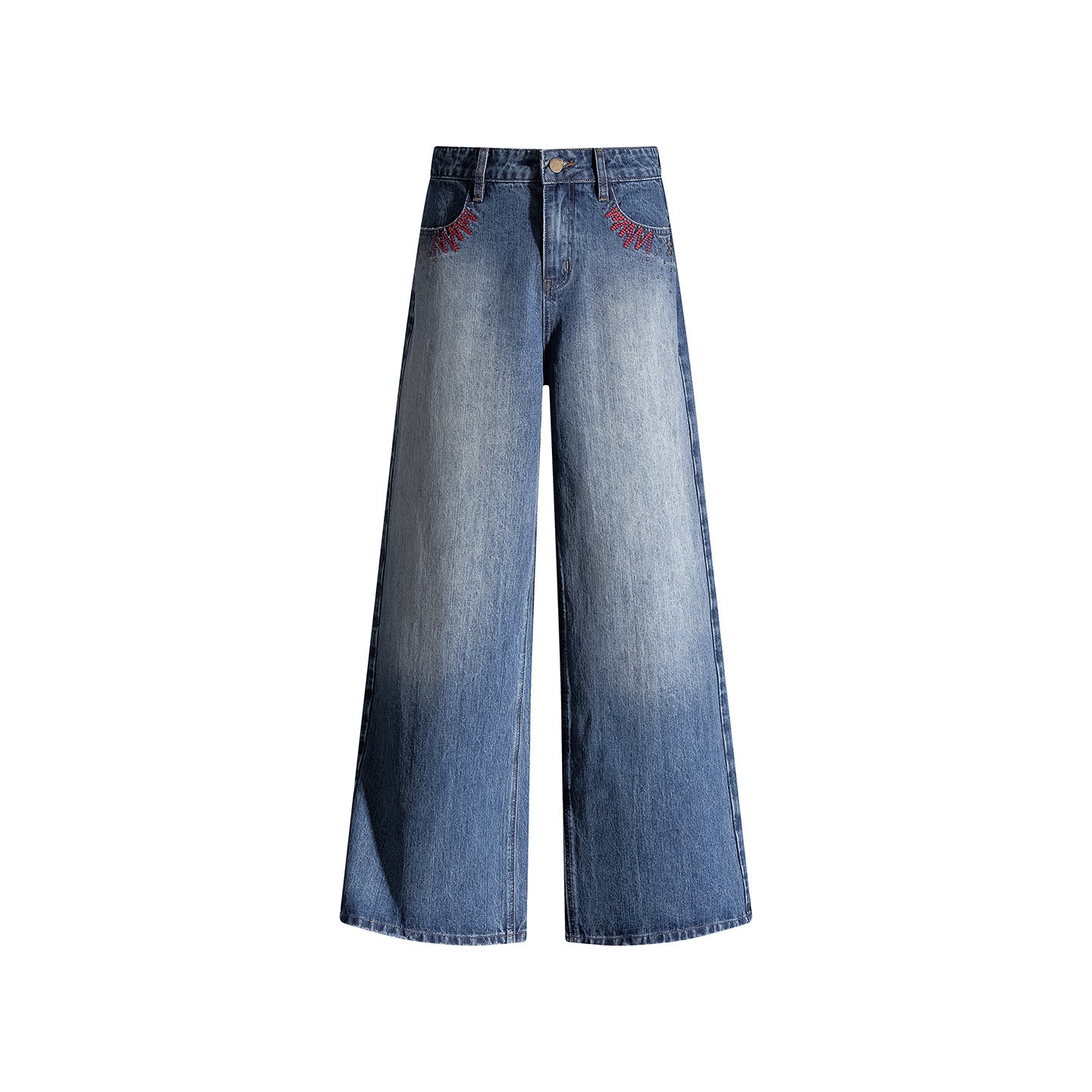 Loose Wide-Leg Denim Pants for Women with Vintage Embroidery and Stud Details