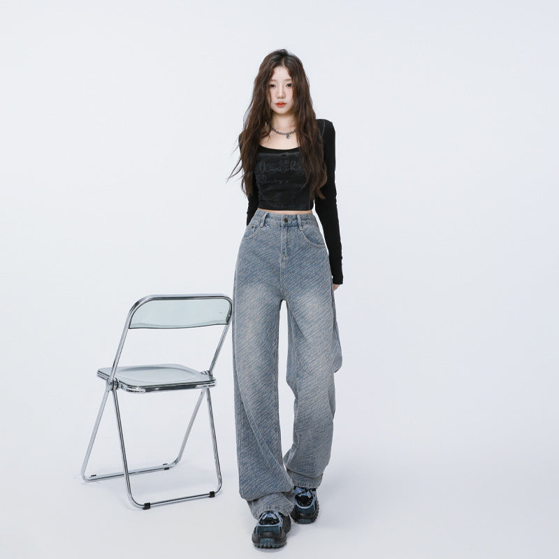 Style Meteor Texture Jacquard Denim Pants for Women - High Waist Straight Loose Slim Fit Wide Leg Trousers