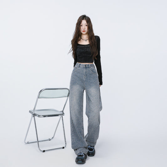 Style Meteor Texture Jacquard Denim Pants for Women - High Waist Straight Loose Slim Fit Wide Leg Trousers