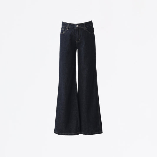 Women's Flared Denim Pants - Deep Blue Slimming Drape Casual Hoof Bell-Bottom Trousers
